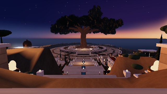 A spatial interpretation of Skheria: stone terraces descend toward the Oracle Tree and an open Convention space, with unfinished ground and the sea beyond.